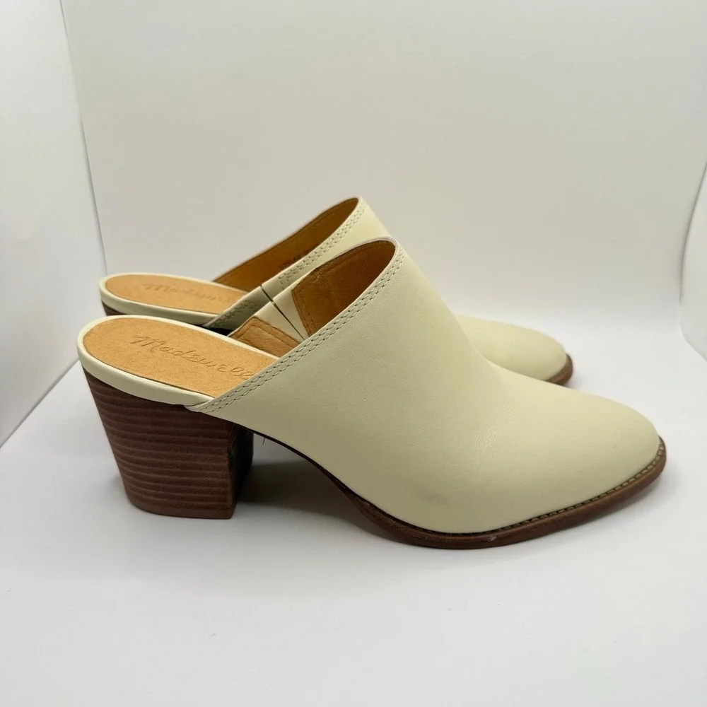 Madewell Woman's Harper Ivory Bone Leather Slip On‎ Stacked Block Heels- Size 8